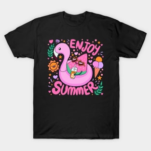 Enjoy Summer a fun summer time vacation design watermelon in a flamingo floaty T-Shirt